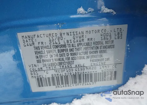 2021 Nissan Sentra Sv Xtronic Cvt z USA, uszkodzony, nr VIN 3N1AB8CV3MY216637